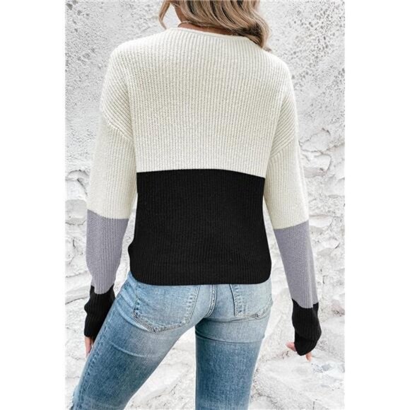 Gray Colorblock Chunky‎ Knit Pullover Sweater V Neck Twisted Knot Sweater Top - Picture 5 of 7